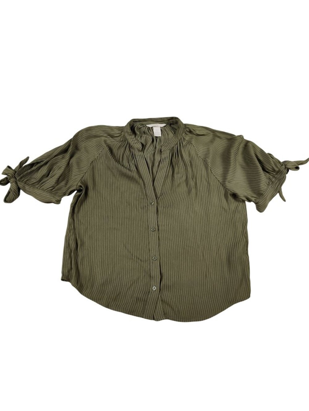 H&M Blouse US Size 2 Olive Textured Stripe Tie Sleeve Button Front Boho Casual
